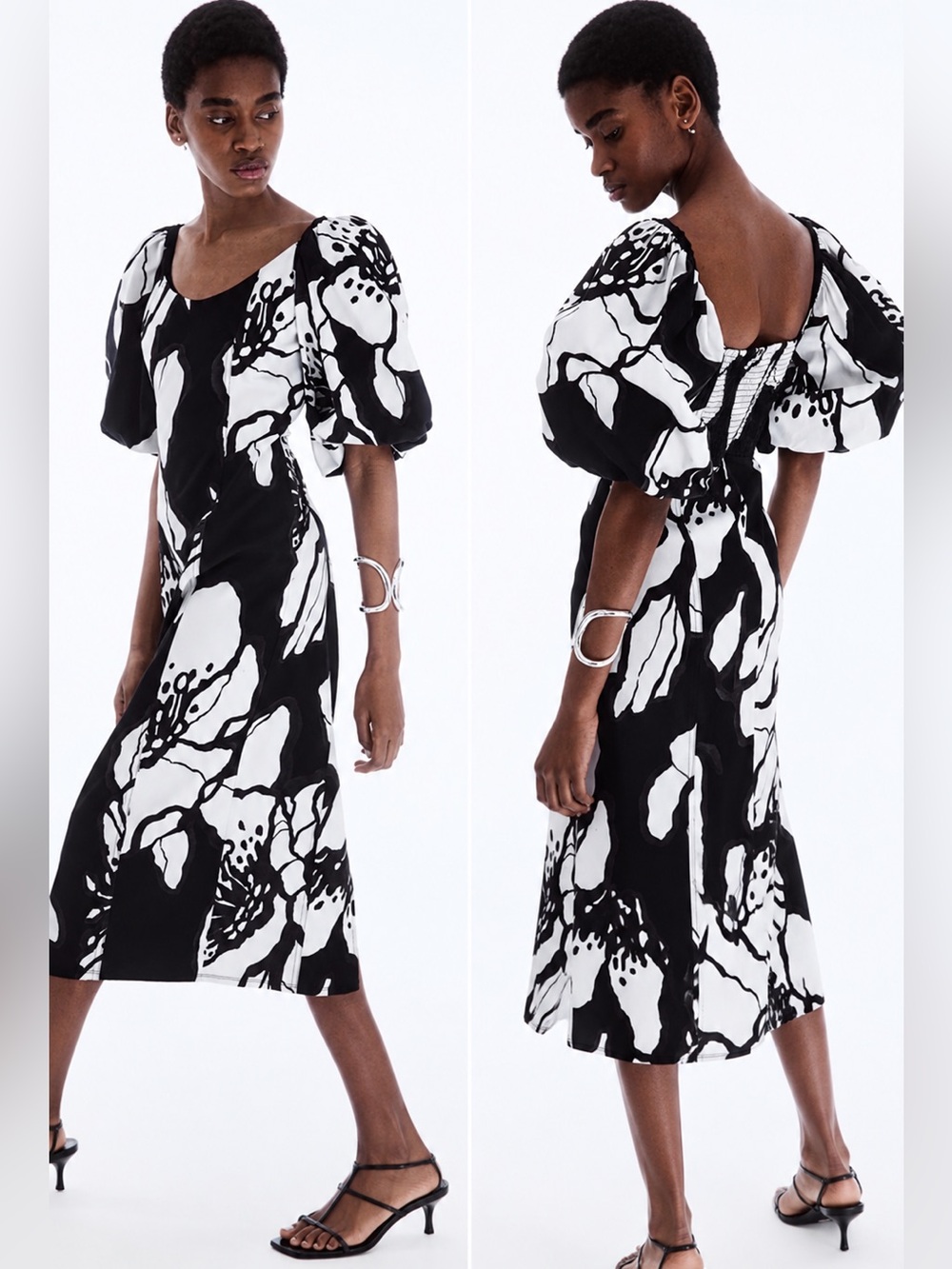 NWT H&M Black & White Floral Balloon Sleeve Midi Dress XXL | Cottagecore Chic